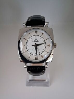 Vintage Roamer Men's Leather Mechanical Black & White Watch RARE